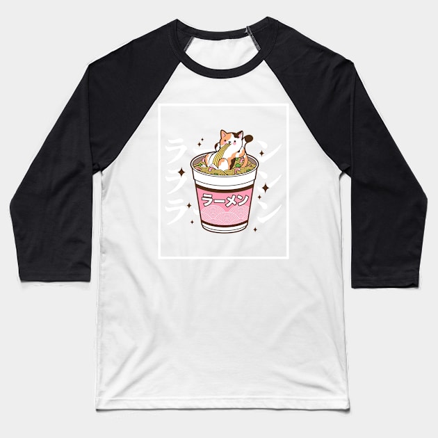 Adorable Japanese Cat Eating Ramen in a Cup, Japan Anime Style Baseball T-Shirt by ThatVibe
